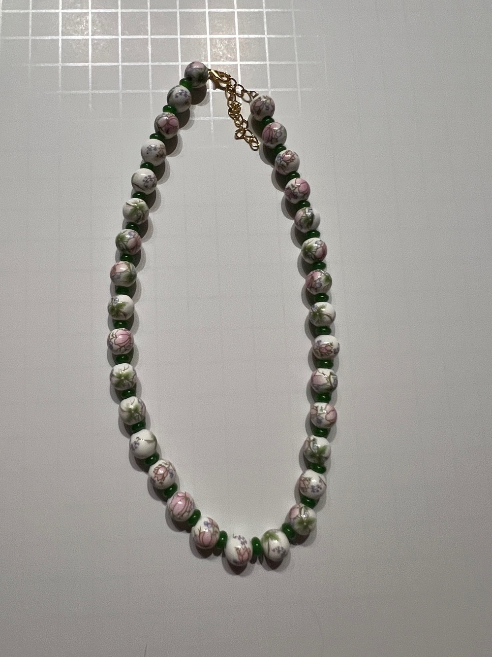 Handmade Floral Glass Bead Necklace - Pink & Green